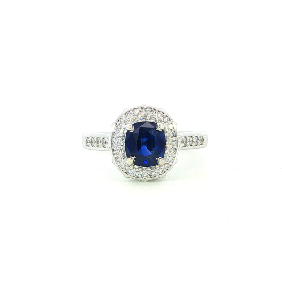 14K White Gold Natural Diamond Blue Sapphire Double Halo Engagement Ring
