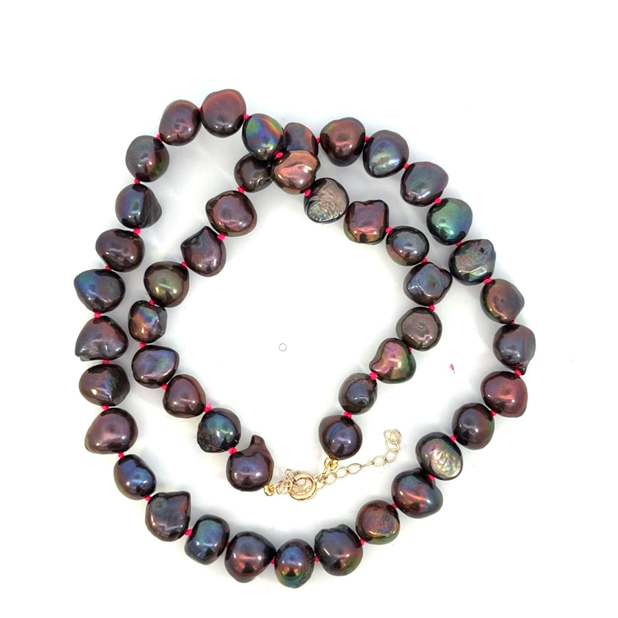 14K Yellow Gold Magenta Knotted Steam Bun Dark Pearl Necklace