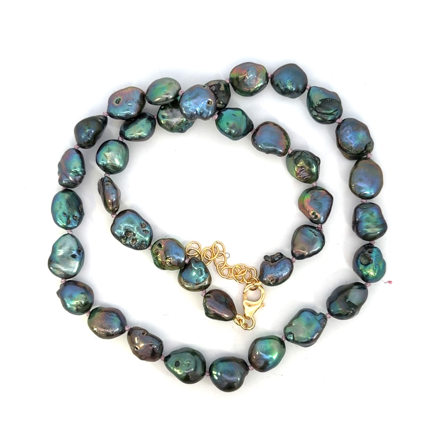Yellow Gold Filled Lavender Knotted Baroque Dark Pearl Necklace