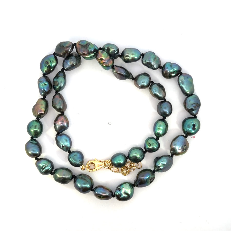 Yellow Gold Filled Magenta Knotted Baroque Dark Pearl Necklace