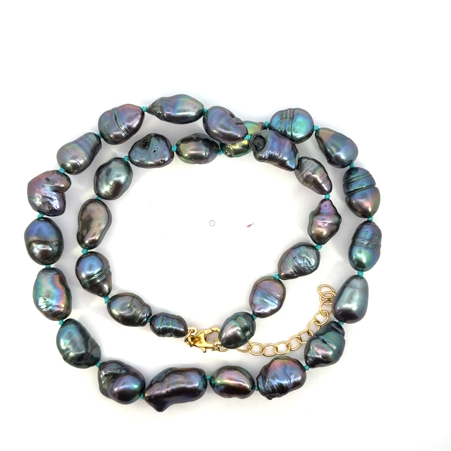 Yellow Gold Filled Blue Knotted Baroque Dark Pearl Necklace