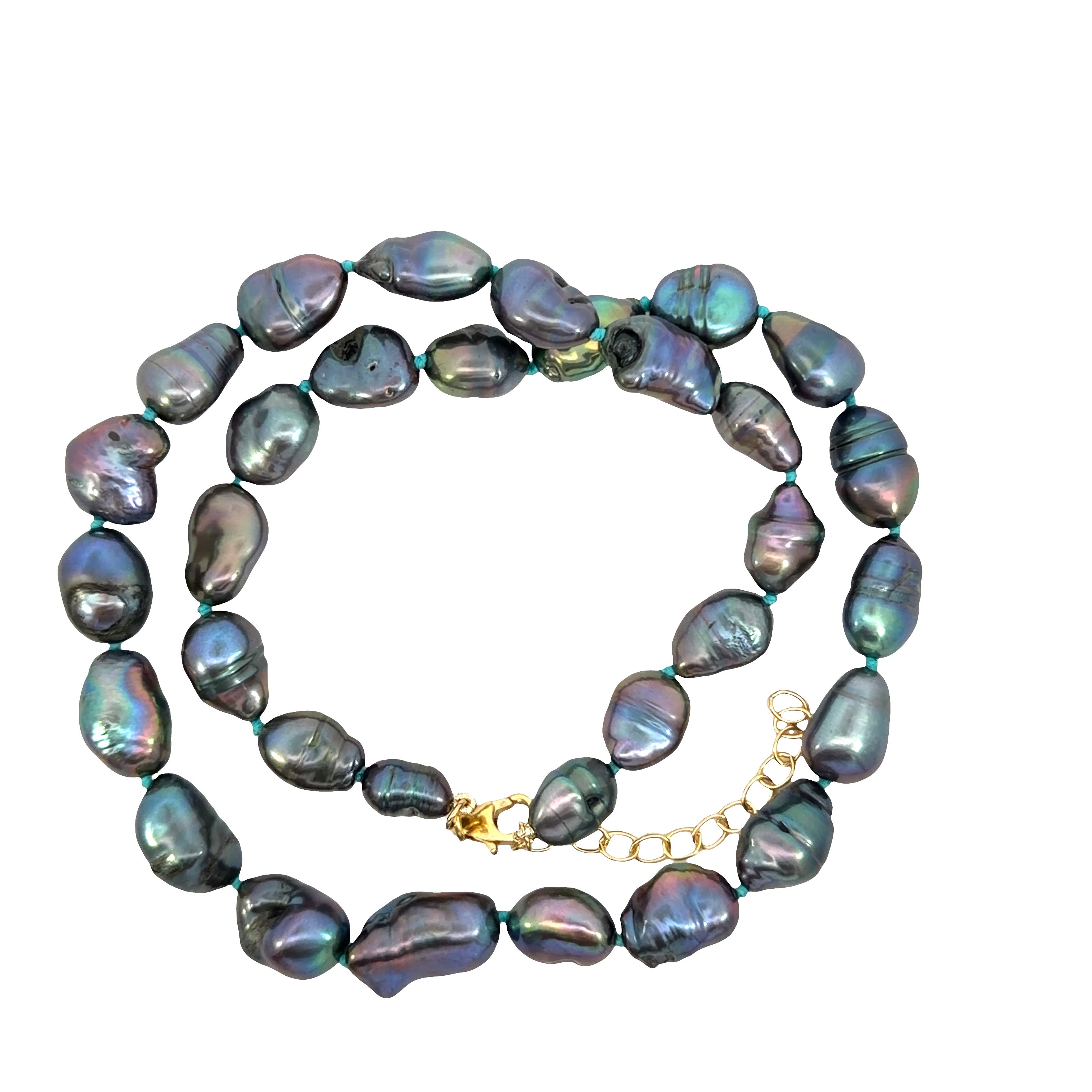 Yellow Gold Filled Blue Knotted Baroque Dark Pearl Necklace