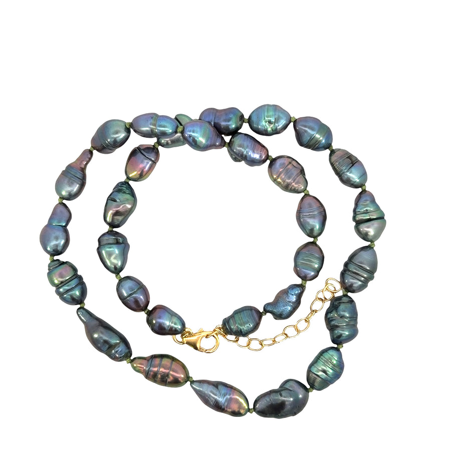 Yellow Gold Filled Pistachio Knotted Baroque Dark Pearl Necklace