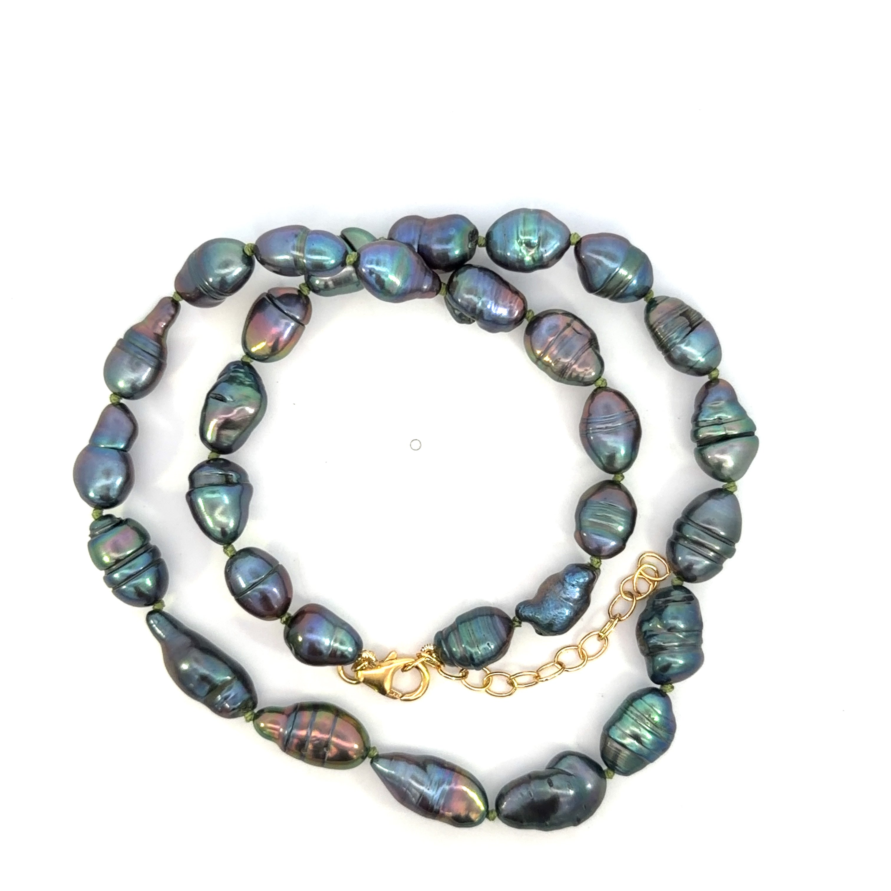 Yellow Gold Filled Pistachio Knotted Baroque Dark Pearl Necklace