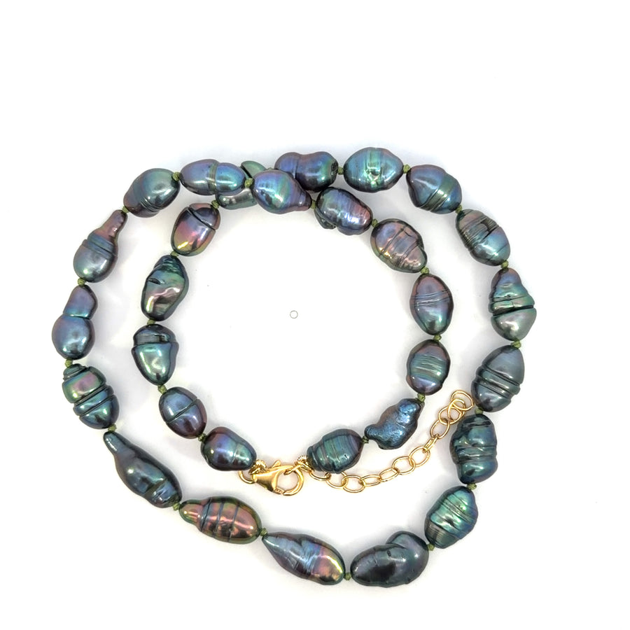 Yellow Gold Filled Pistachio Knotted Baroque Dark Pearl Necklace