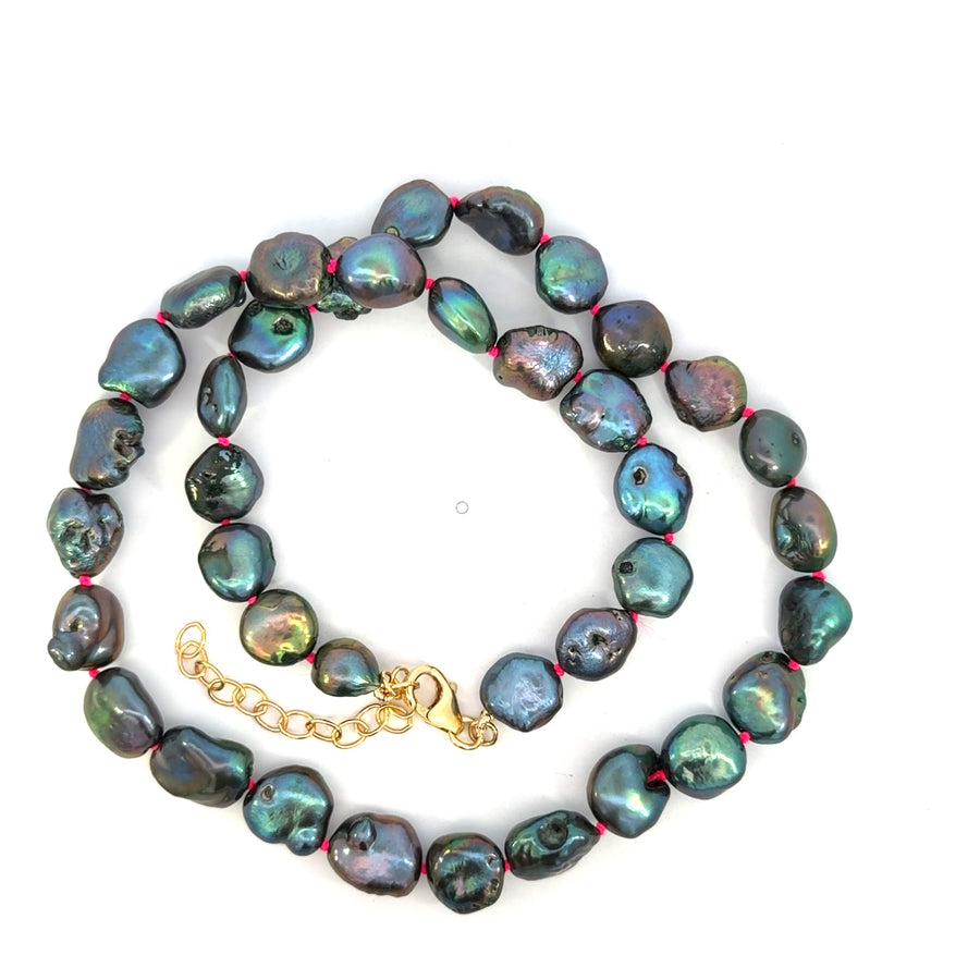 Yellow Gold Filled Magenta Knotted Baroque Dark Pearl Necklace