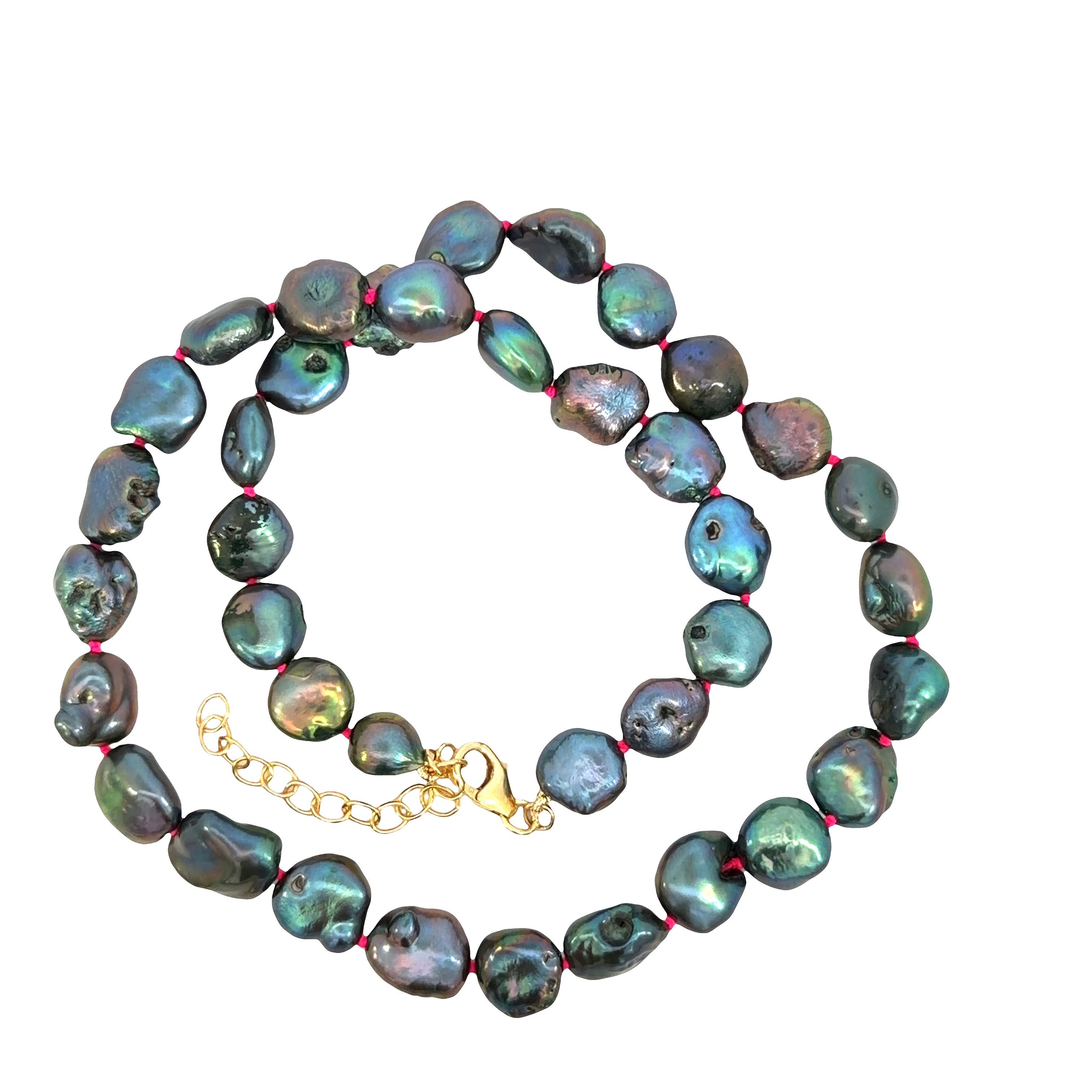 Yellow Gold Filled Magenta Knotted Baroque Dark Pearl Necklace