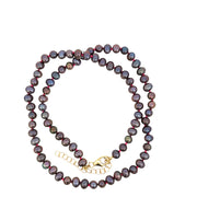 Yellow Gold Filled Magenta Knotted Round Dark Pearl Necklace