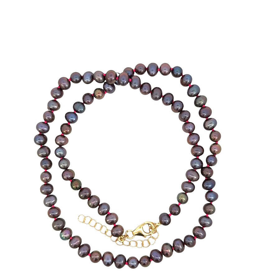 Yellow Gold Filled Magenta Knotted Round Dark Pearl Necklace