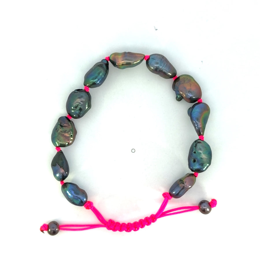 Magenta Knotted Macrame Dark Baroque Pearl Bracelet