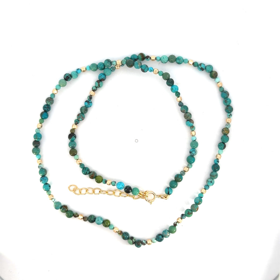 Yellow Gold Filled Varying Size Round Polished Turquoise Beads Alternating Gold Square Beaded Necklace