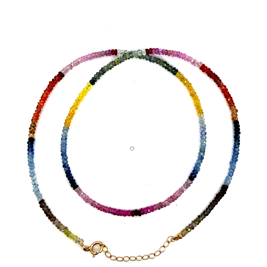 14K Yellow Gold Pastel Rainbow Sapphire Gradient Beaded Necklace