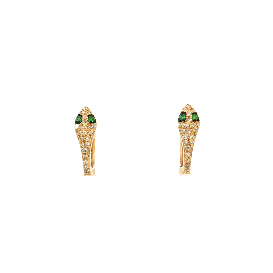 14K Yellow Gold Emerald and Natural Diamond Snake Huggies