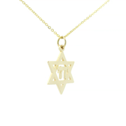 14K Yellow Gold Star of David with Chai Pendant