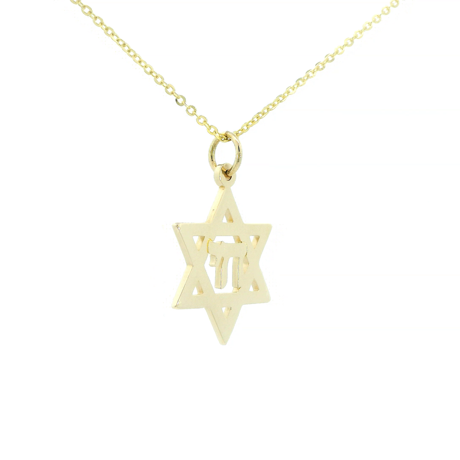 14K Yellow Gold Star of David with Chai Pendant