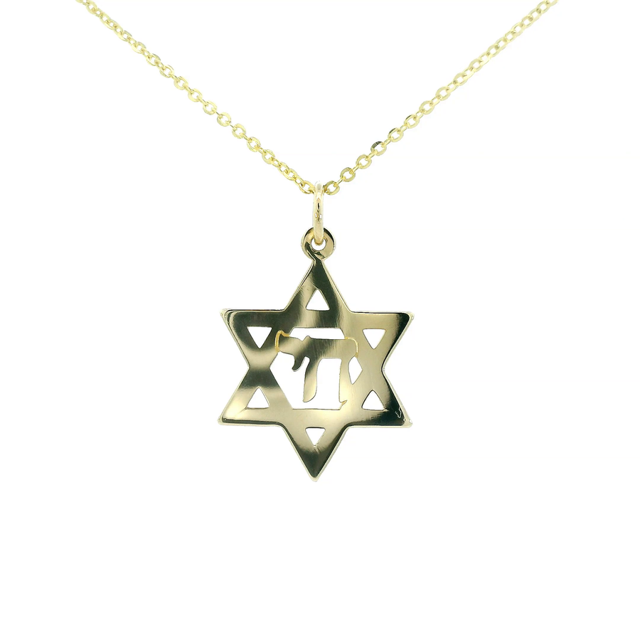 14K Yellow Gold Star of David with Chai Pendant