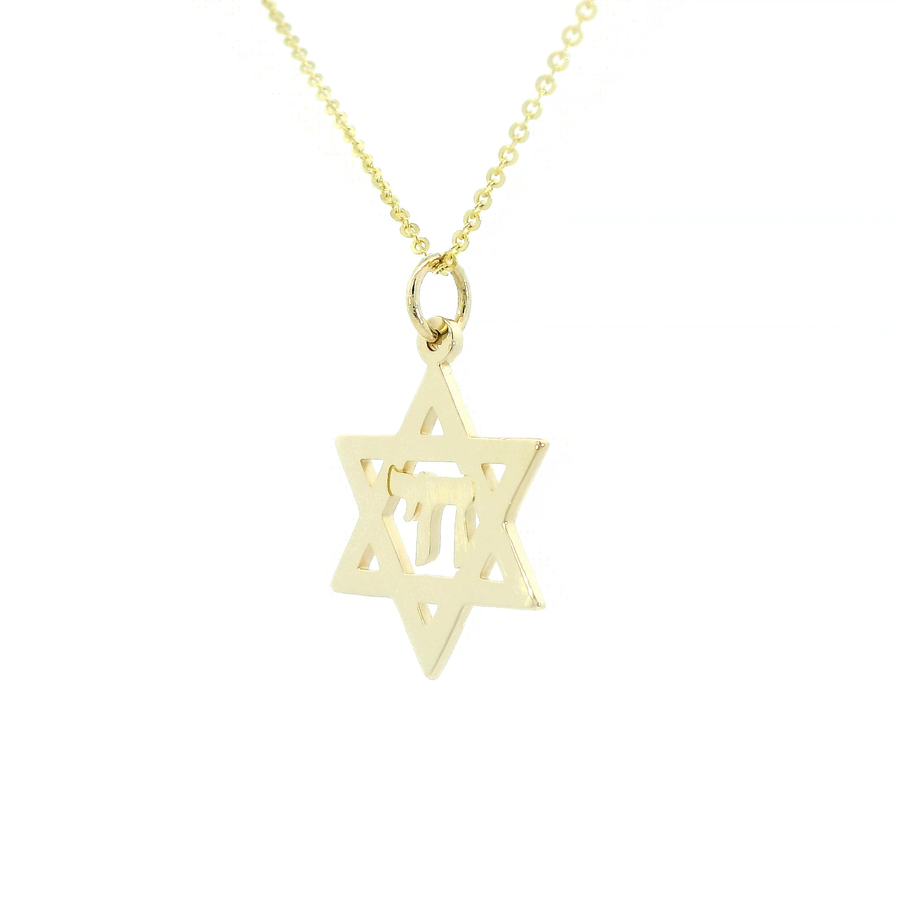 14K Yellow Gold Star of David with Chai Pendant