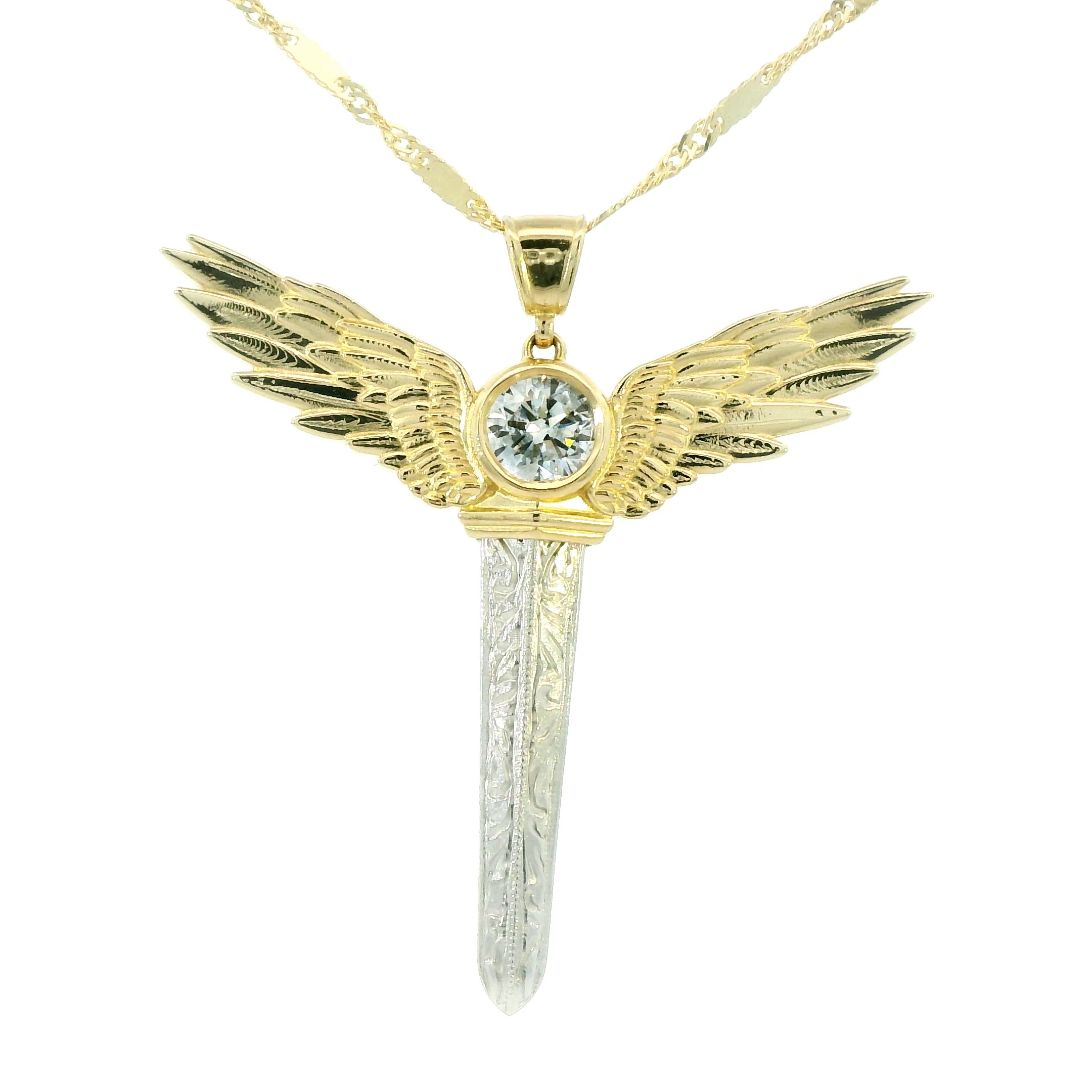 Gold and silver winged pendant necklace with a clear gemstone on a white background