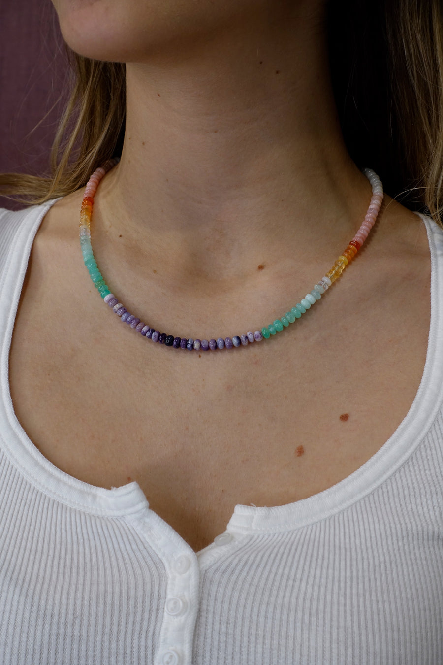 14K Yellow 'Opals Around the World' Purple Center Beaded Necklace