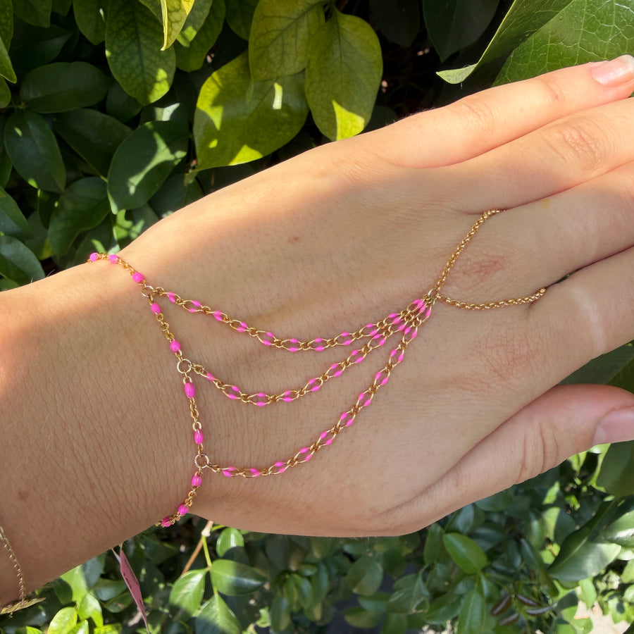 Yellow Gold Filled Pink Enamel Triple Hand Lariat