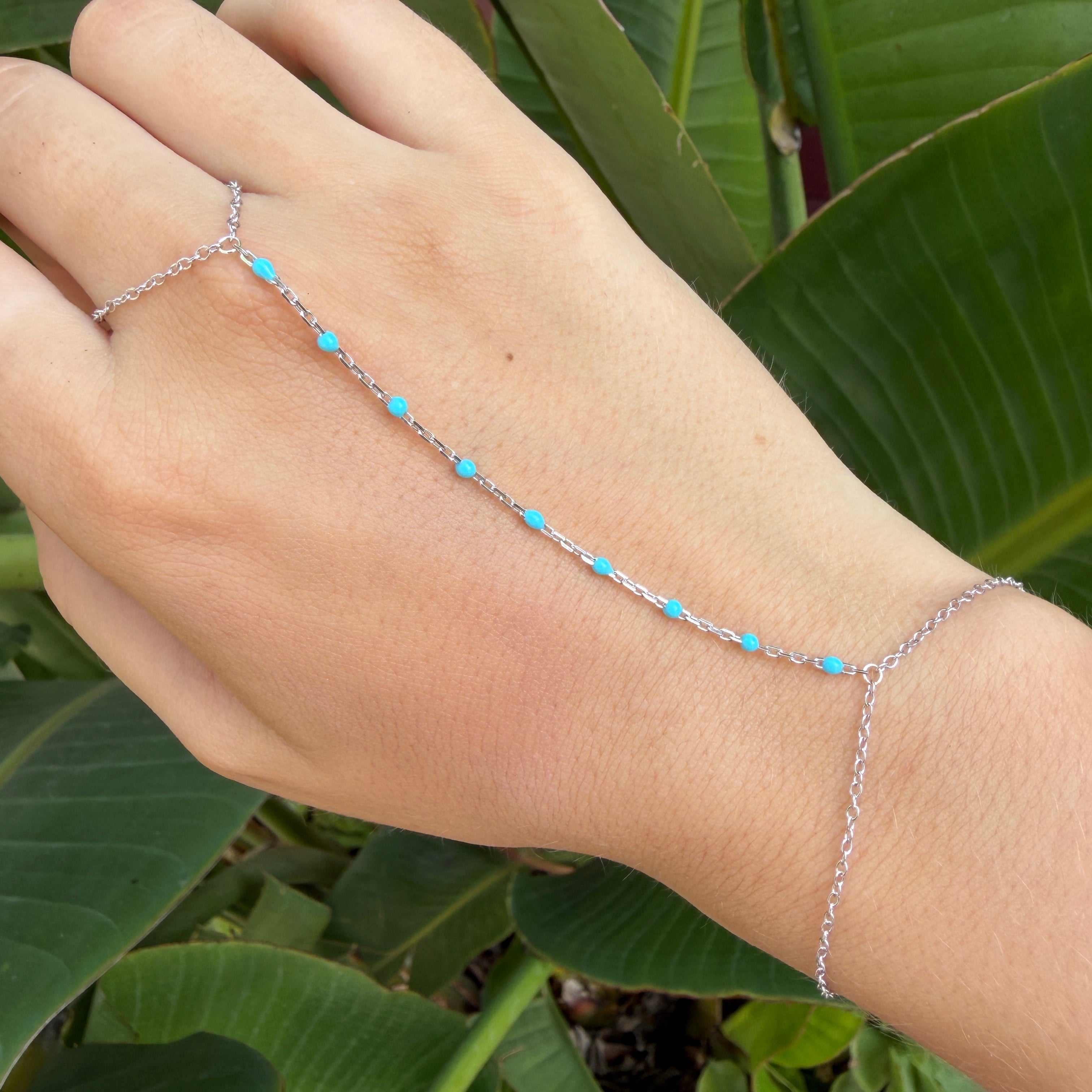925 Sterling Silver Turquoise Enamel Rolo Hand Lariat