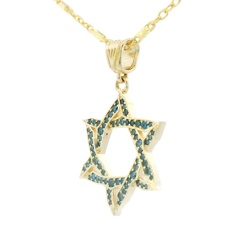 14K Yellow Gold Natural Blue Diamond Overlapping Star of David Pendant