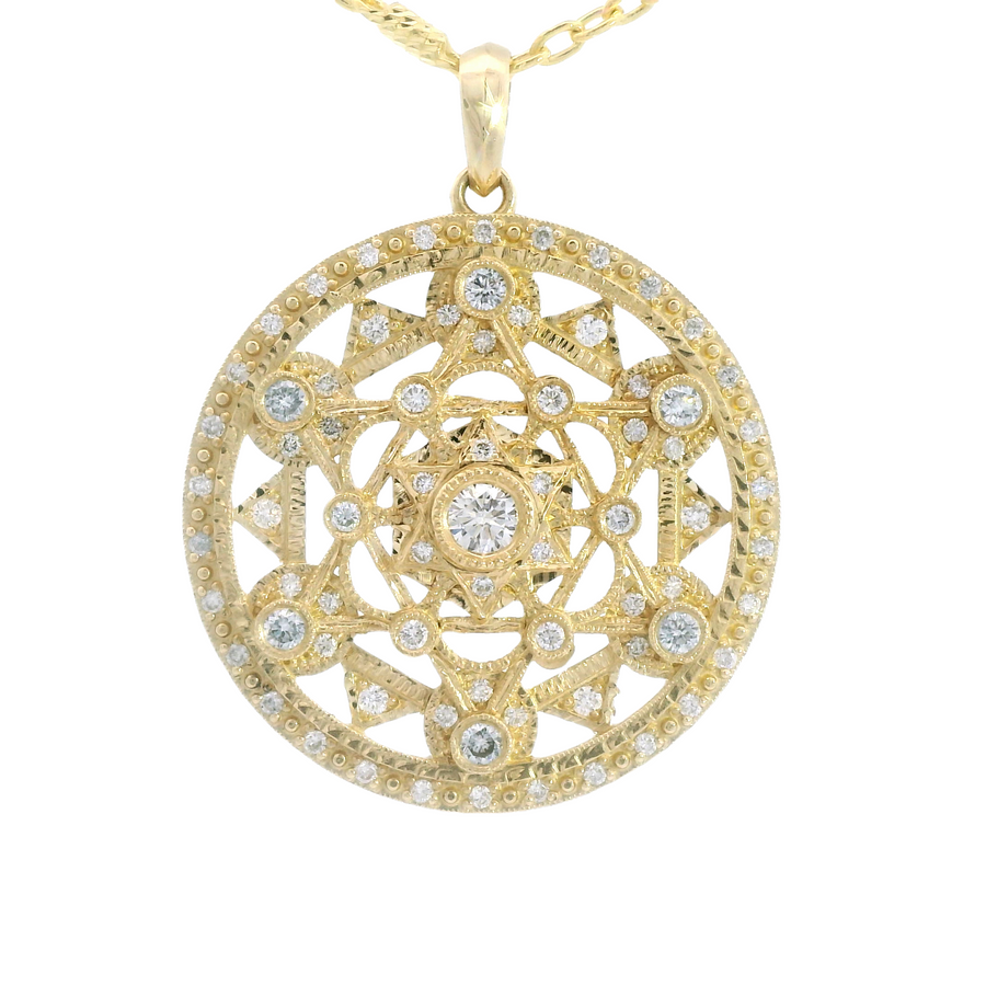 14K Yellow Gold  Lab Diamond Sacred Geometry Medallion Pendant