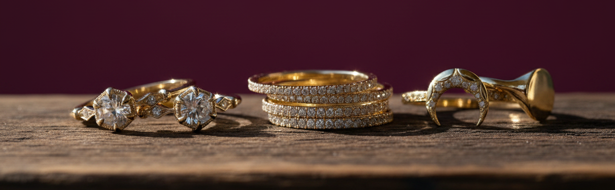 Four gold rings with diamonds, including an engagement ring, stacked band rings, and a statement ring, displayed on a rustic wooden surface against a dark purple background.