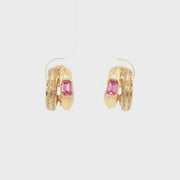 14K Yellow Gold Natural Diamond Pink Sapphire Double Loop Illusion Stud Earrings