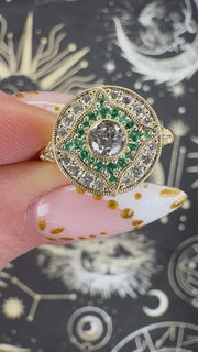14K Yellow Gold Vintage Inspired Emeralds and Lab Diamonds Compass Amulet Ring