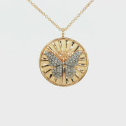 14K Yellow Gold Natural Diamond Vintage Inspired Butterfly Medallion Necklace
