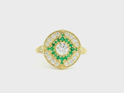 14K Yellow Gold Vintage Inspired Emeralds and Lab Diamonds Compass Amulet Ring