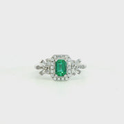 18K White Gold Emerald & Natural Diamonds Regal Vintage Inspired Ring