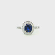14K White Gold Natural Diamond Blue Sapphire Double Halo Engagement Ring