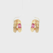 14K Yellow Gold Natural Diamond Pink Sapphire Double Loop Illusion Stud Earrings